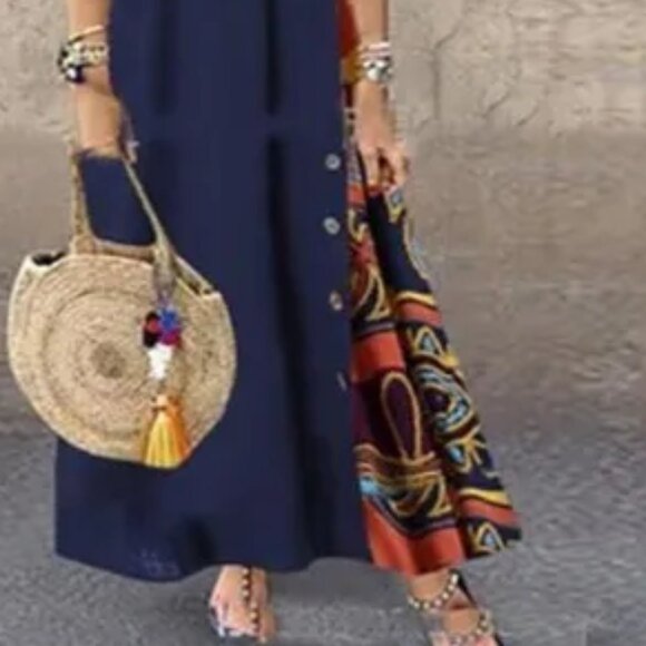 2/$40 Navy Blue Maxi A-Line Dress with Patterned Panel 3/4 Sleeve Plus Size 2XL - Picture 4 of 5